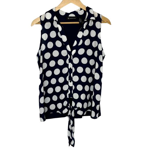 INC Wms Medium Blue White Polka Dot Blouse Tie Front Casual Corpcore Classic - Picture 1 of 8